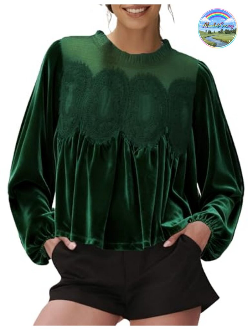 Womens Velvet Lace Blouse Long Sleeve Tunic Top